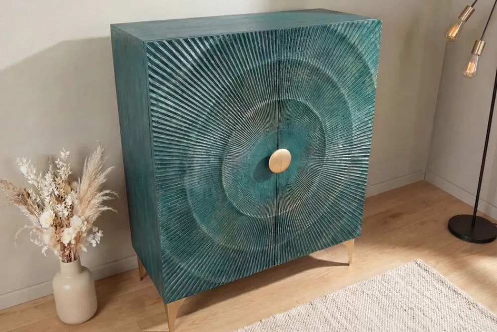 Riess-Ambiente Mehr...|Massivholzschränke > Massives Highboard GOLDEN SUNSET 120cm türkis gold Mangoholz mit 3D Schnitzereien