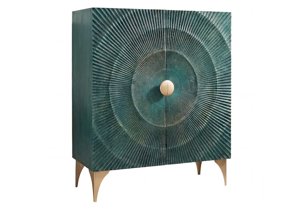Riess-Ambiente Mehr...|Massivholzschränke > Massives Highboard GOLDEN SUNSET 120cm türkis gold Mangoholz mit 3D Schnitzereien