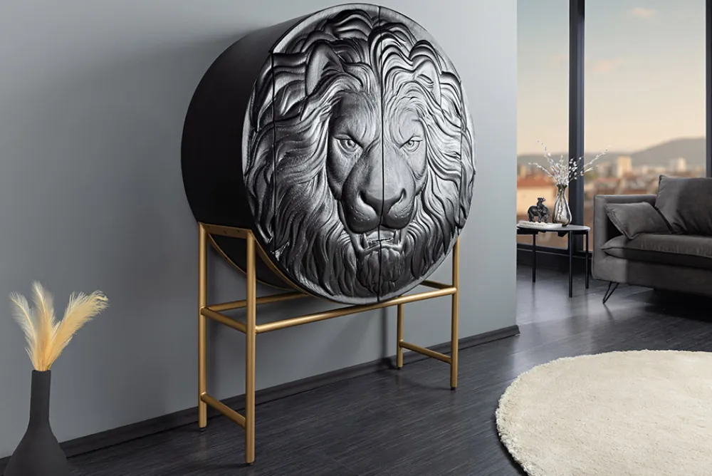 Riess-Ambiente Mehr...|Massivholzschränke > Massives Highboard LION 140cm schwarz gold Mangoholz 3D Schnitzereien Kunstwerk