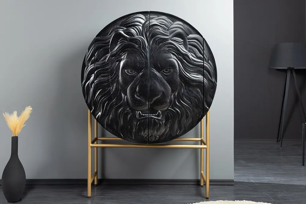 Riess-Ambiente Mehr...|Massivholzschränke > Massives Highboard LION 140cm schwarz gold Mangoholz 3D Schnitzereien Kunstwerk
