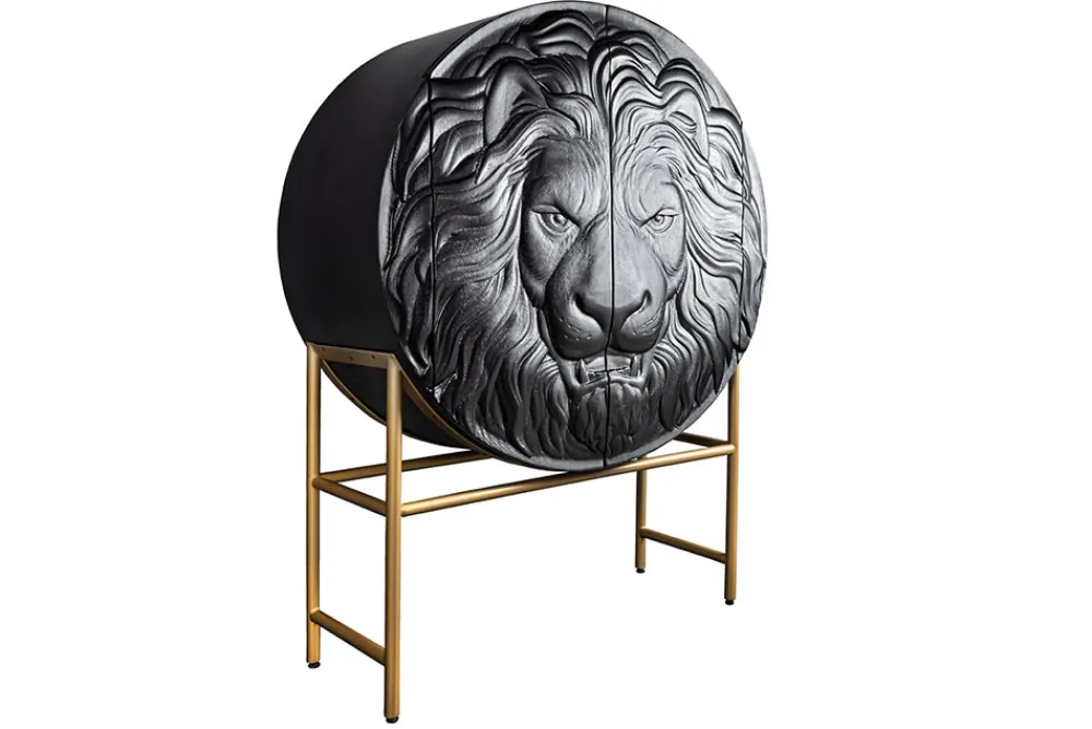 Riess-Ambiente Mehr...|Massivholzschränke > Massives Highboard LION 140cm schwarz gold Mangoholz 3D Schnitzereien Kunstwerk