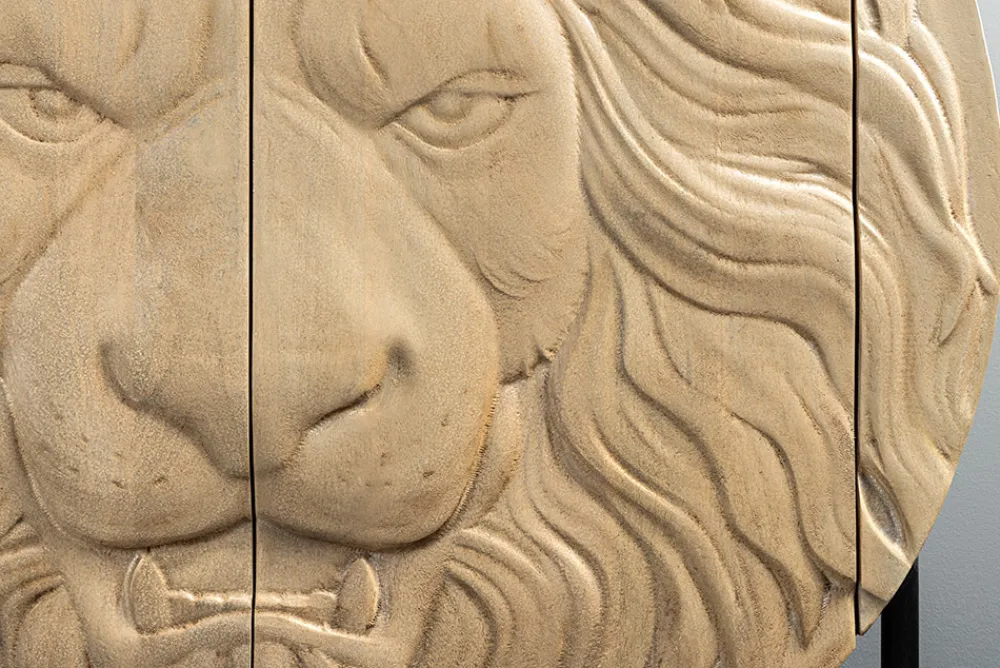 Riess-Ambiente Mehr...|Massivholzschränke > Massives Highboard LION 140cm weiß Mangoholz Metall 3D Schnitzereien Kunstwerk