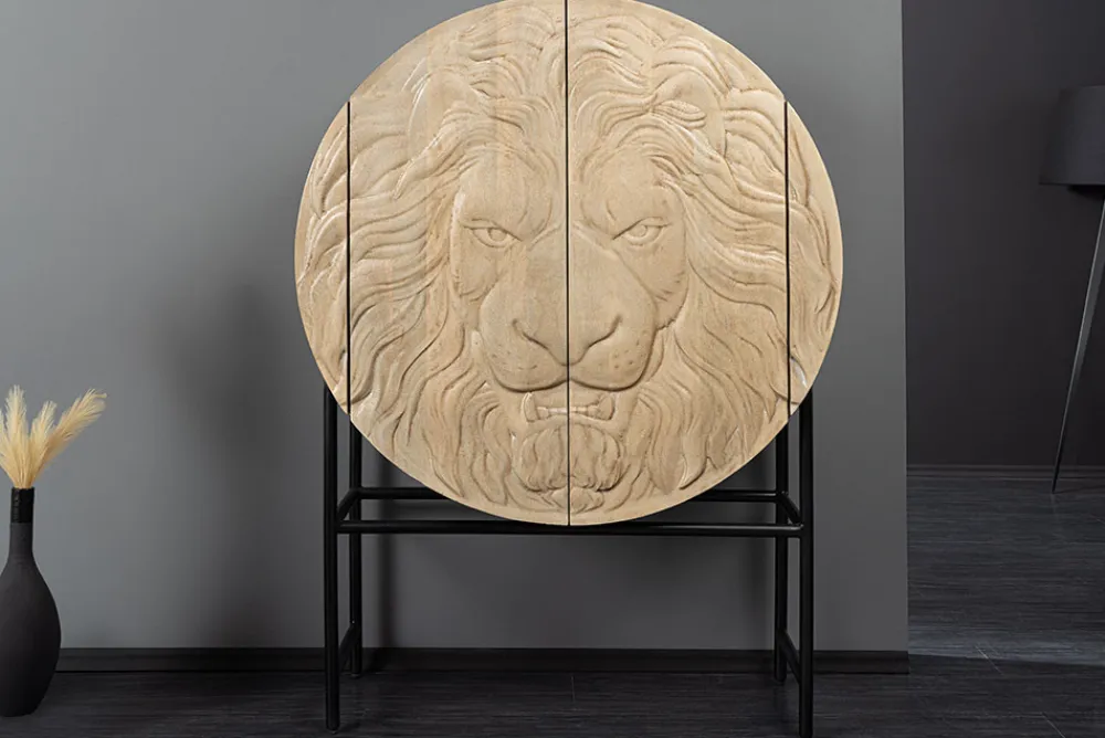 Riess-Ambiente Mehr...|Massivholzschränke > Massives Highboard LION 140cm weiß Mangoholz Metall 3D Schnitzereien Kunstwerk
