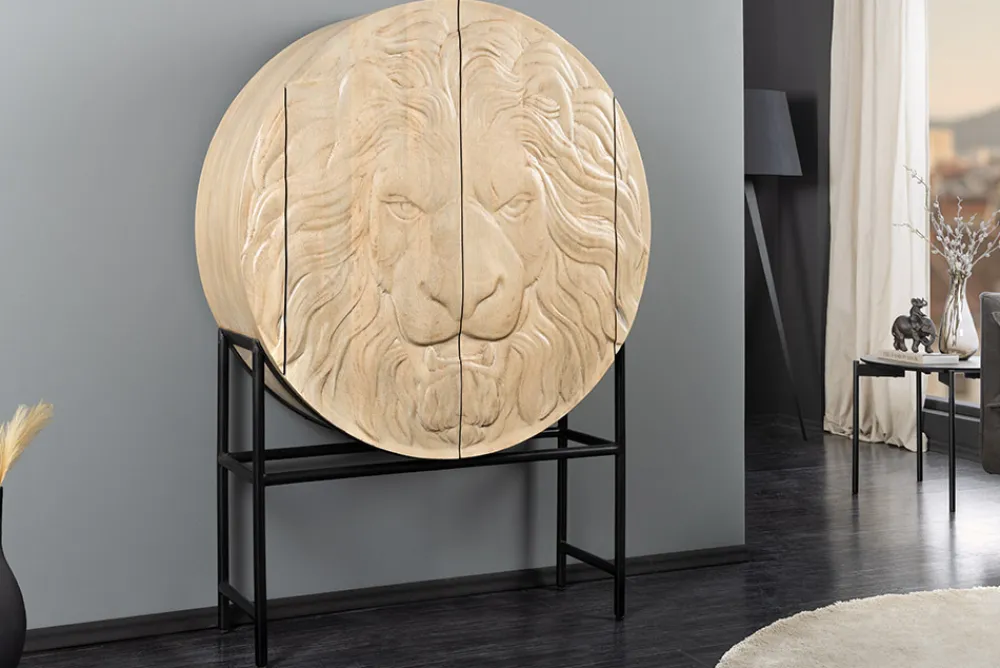 Riess-Ambiente Mehr...|Massivholzschränke > Massives Highboard LION 140cm weiß Mangoholz Metall 3D Schnitzereien Kunstwerk