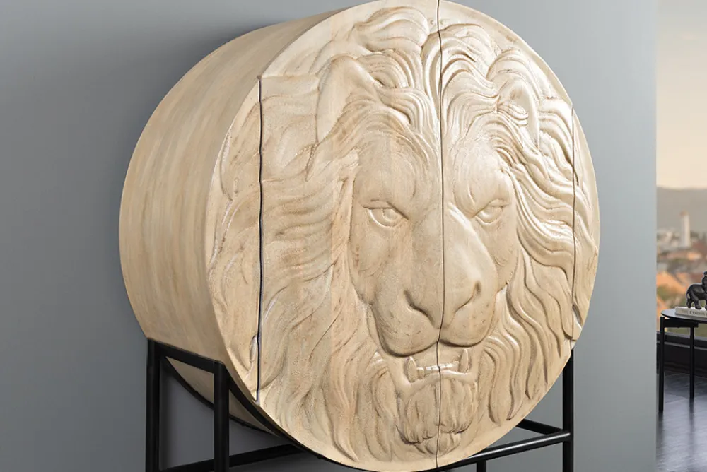 Riess-Ambiente Mehr...|Massivholzschränke > Massives Highboard LION 140cm weiß Mangoholz Metall 3D Schnitzereien Kunstwerk