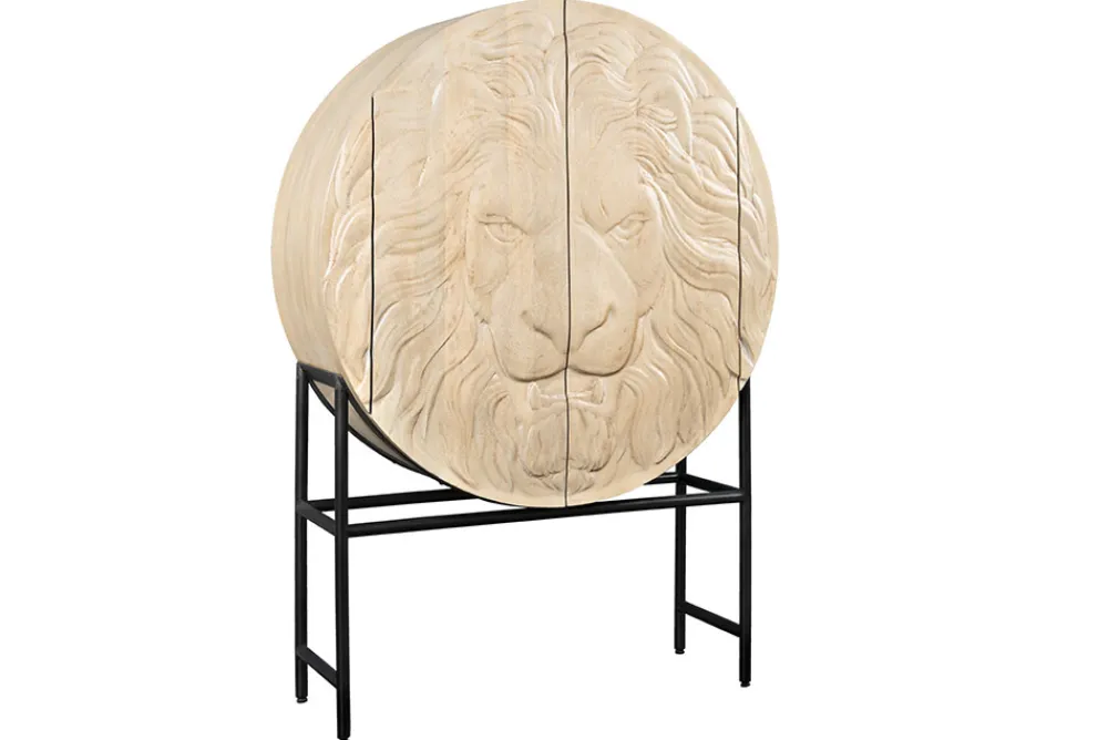Riess-Ambiente Mehr...|Massivholzschränke > Massives Highboard LION 140cm weiß Mangoholz Metall 3D Schnitzereien Kunstwerk
