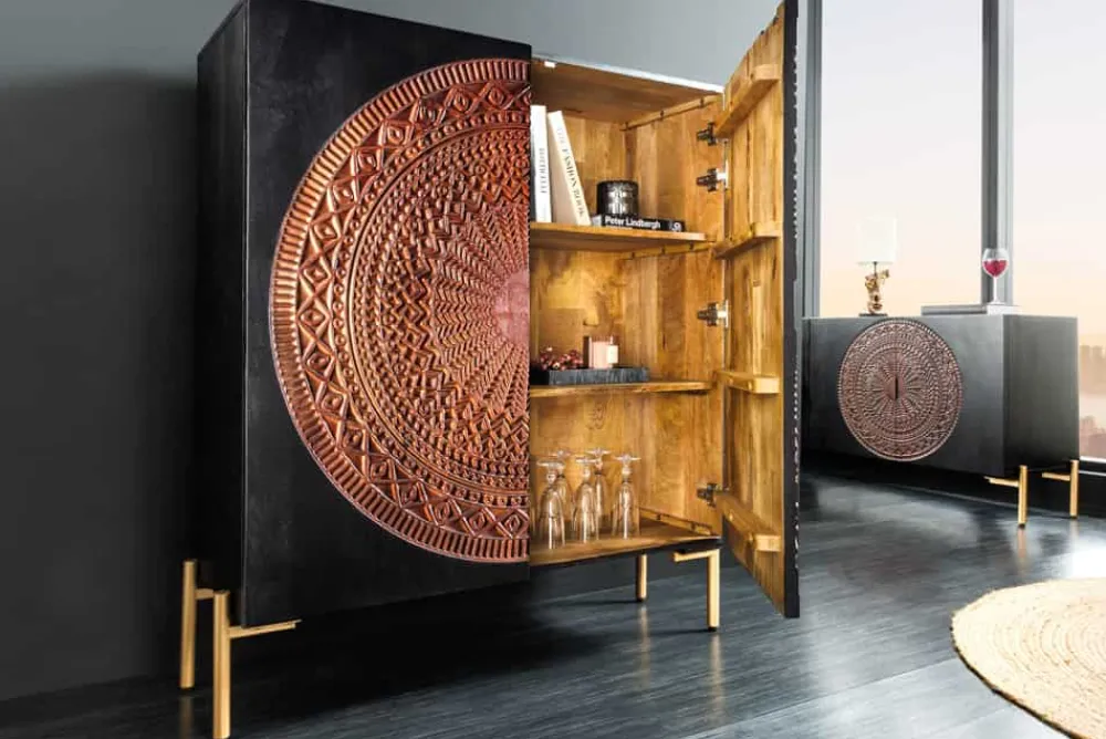 Riess-Ambiente Mehr...|Goldene Möbel > Massives Highboard MANDALA 120cm Mangoholz mit 3D Schnitzereien schwarz goldene Füße