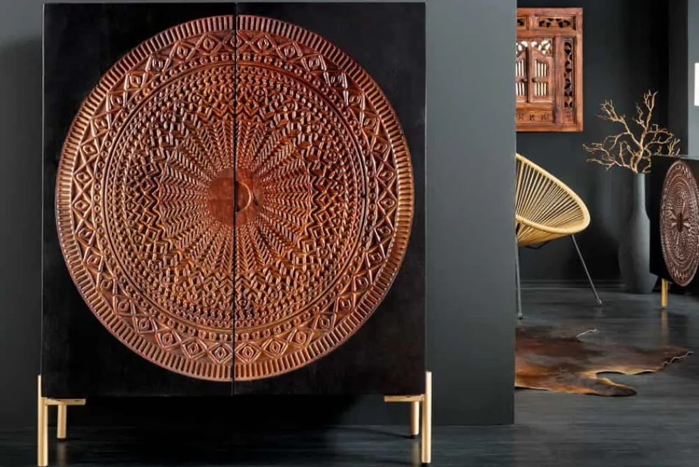 Riess-Ambiente Mehr...|Goldene Möbel > Massives Highboard MANDALA 120cm Mangoholz mit 3D Schnitzereien schwarz goldene Füße