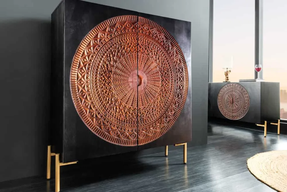 Riess-Ambiente Mehr...|Goldene Möbel > Massives Highboard MANDALA 120cm Mangoholz mit 3D Schnitzereien schwarz goldene Füße