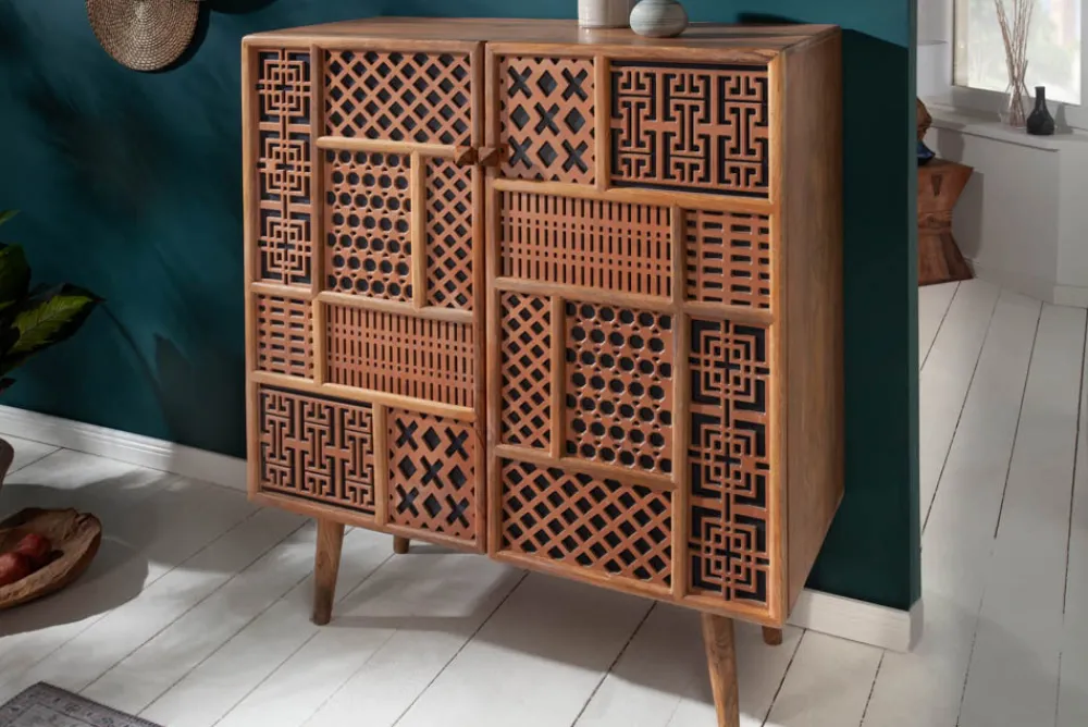 Riess-Ambiente Mehr...|Massivholzschränke > Massives Highboard MARRAKESCH 120cm Mangoholz mit Verzierung Boho Stil
