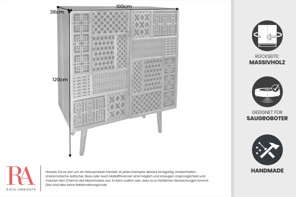 Riess-Ambiente Mehr...|Massivholzschränke > Massives Highboard MARRAKESCH 120cm Mangoholz mit Verzierung Boho Stil