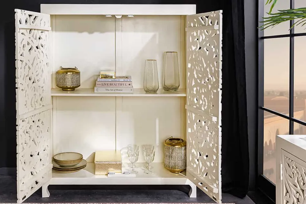 Riess-Ambiente Mehr...|Massivholzschränke > Massives Highboard MARRAKESCH 140cm weiß Mangoholz mit Verzierung handmade