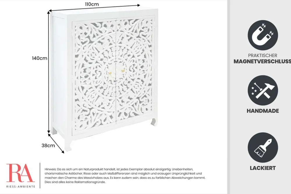 Riess-Ambiente Mehr...|Massivholzschränke > Massives Highboard MARRAKESCH 140cm weiß Mangoholz mit Verzierung handmade