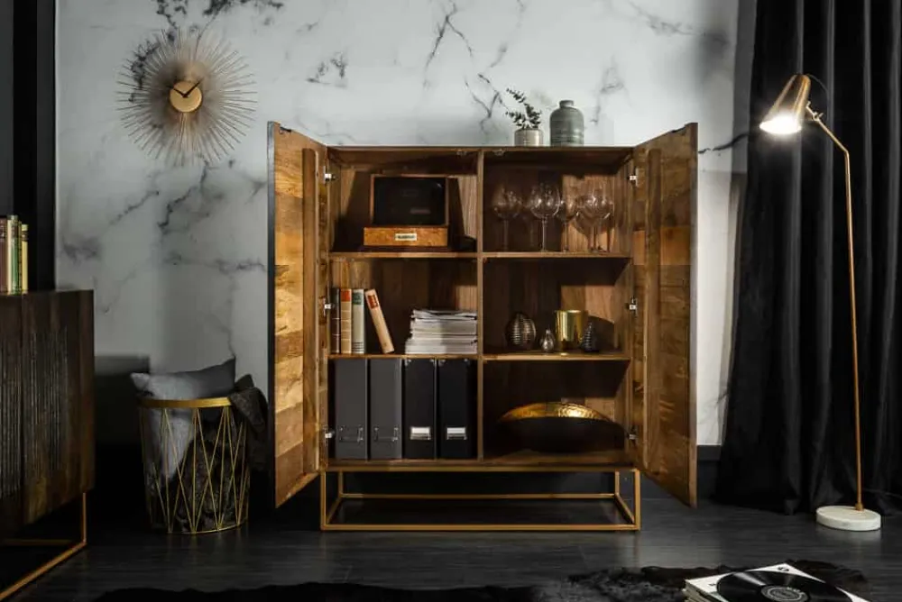 Riess-Ambiente Mehr...|Massivholzschränke > Massives Highboard ONYX 120cm dunkelbraun Mangoholz Edelstein Achat gold Metallgestell