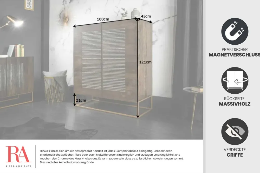 Riess-Ambiente Mehr...|Massivholzschränke > Massives Highboard ONYX 120cm dunkelbraun Mangoholz Edelstein Achat gold Metallgestell