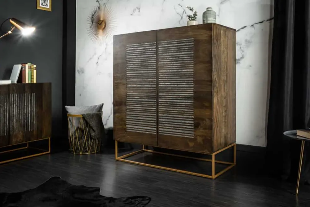 Riess-Ambiente Mehr...|Massivholzschränke > Massives Highboard ONYX 120cm dunkelbraun Mangoholz Edelstein Achat gold Metallgestell
