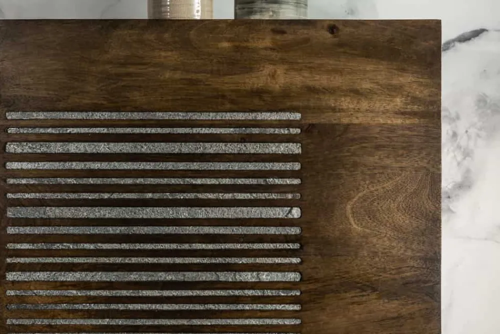 Riess-Ambiente Mehr...|Massivholzschränke > Massives Highboard ONYX 120cm dunkelbraun Mangoholz Edelstein Achat gold Metallgestell