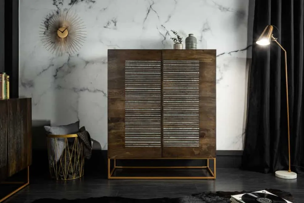Riess-Ambiente Mehr...|Massivholzschränke > Massives Highboard ONYX 120cm dunkelbraun Mangoholz Edelstein Achat gold Metallgestell