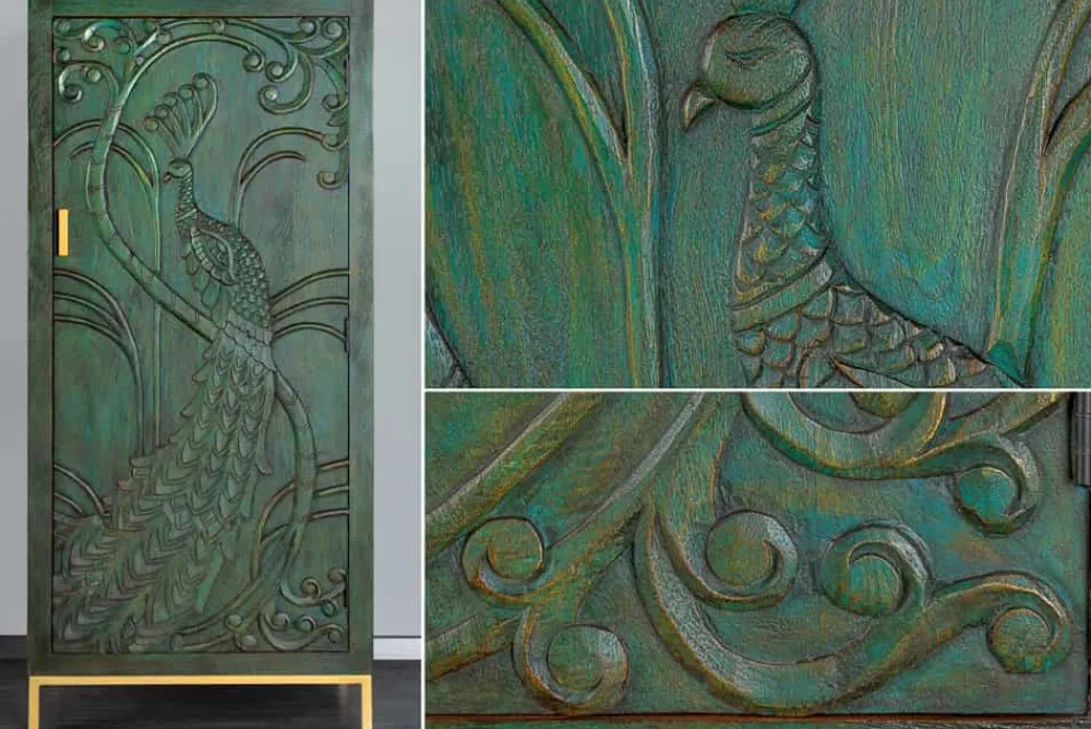 Riess-Ambiente Mehr...|Massivholzschränke > Massives Highboard PEACOCK 170cm grün Mangoholz antik 3D Schnitzerei Pfau-Design