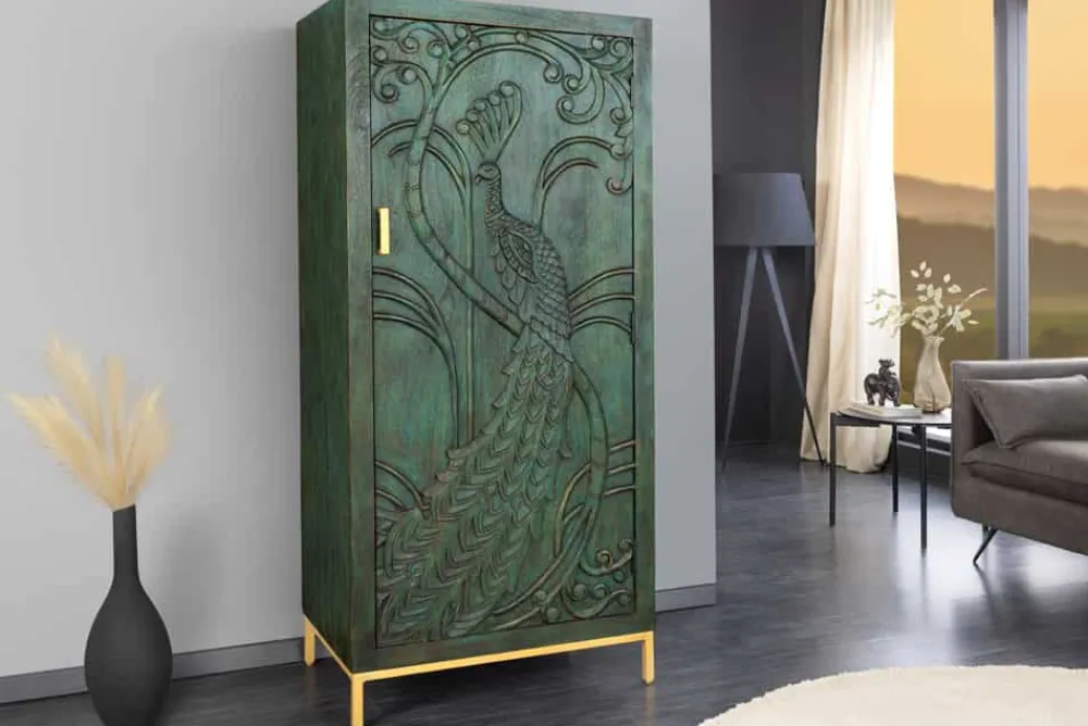 Riess-Ambiente Mehr...|Massivholzschränke > Massives Highboard PEACOCK 170cm grün Mangoholz antik 3D Schnitzerei Pfau-Design