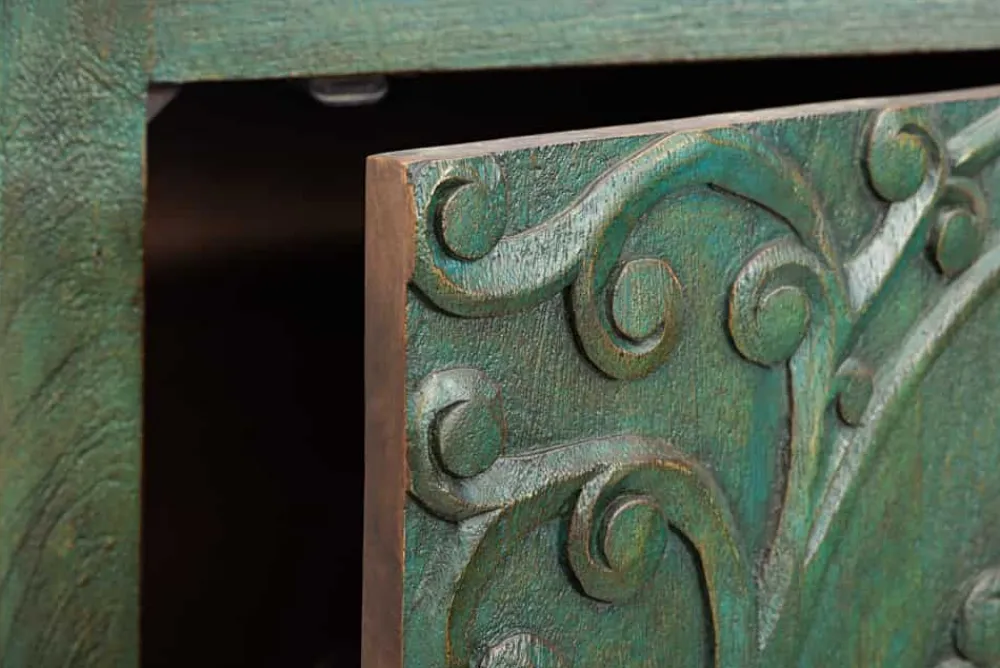 Riess-Ambiente Mehr...|Massivholzschränke > Massives Highboard PEACOCK 170cm grün Mangoholz antik 3D Schnitzerei Pfau-Design