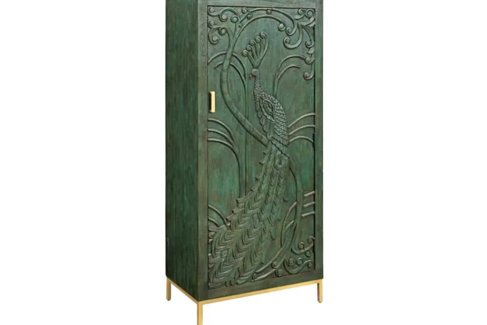 Riess-Ambiente Mehr...|Massivholzschränke > Massives Highboard PEACOCK 170cm grün Mangoholz antik 3D Schnitzerei Pfau-Design