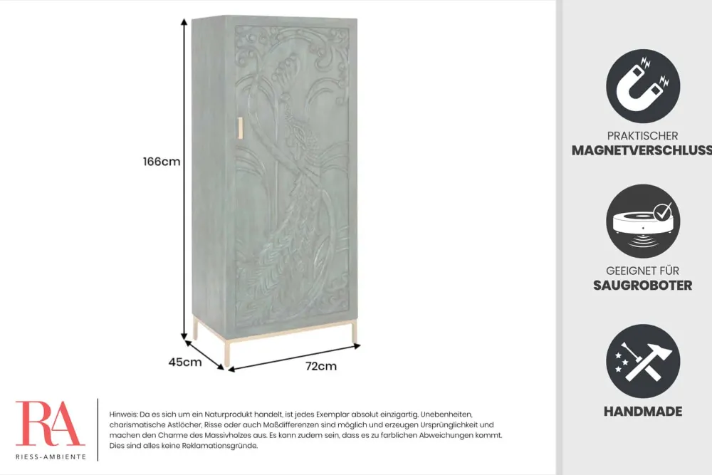 Riess-Ambiente Mehr...|Massivholzschränke > Massives Highboard PEACOCK 170cm grün Mangoholz antik 3D Schnitzerei Pfau-Design