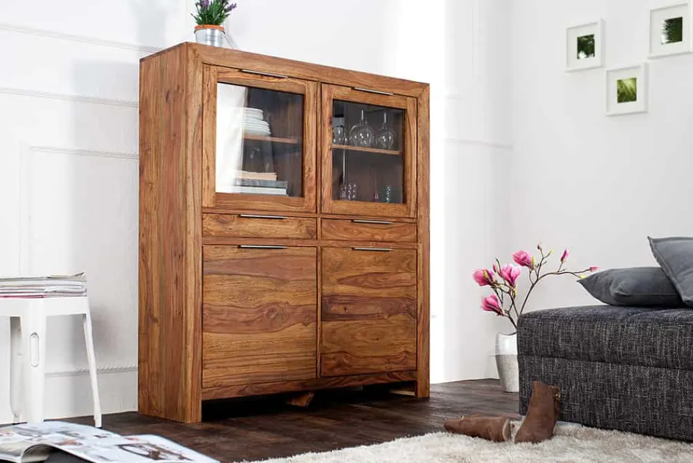 Riess-Ambiente Mehr...|Vitrinen > Massives Highboard PURE 140cm braun Sheesham stone finish Vitrine Palisander