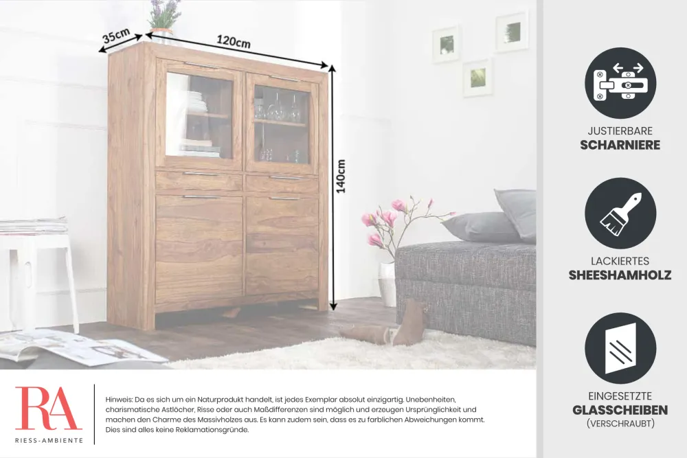 Riess-Ambiente Mehr...|Vitrinen > Massives Highboard PURE 140cm braun Sheesham stone finish Vitrine Palisander