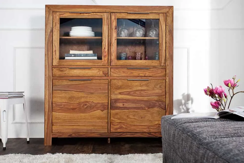 Riess-Ambiente Mehr...|Vitrinen > Massives Highboard PURE 140cm braun Sheesham stone finish Vitrine Palisander