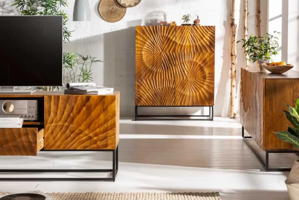 Riess-Ambiente Mehr...|Highboards > Massives Highboard SCORPION 120cm braun Mangoholz aufwendige 3D Schnitzereien