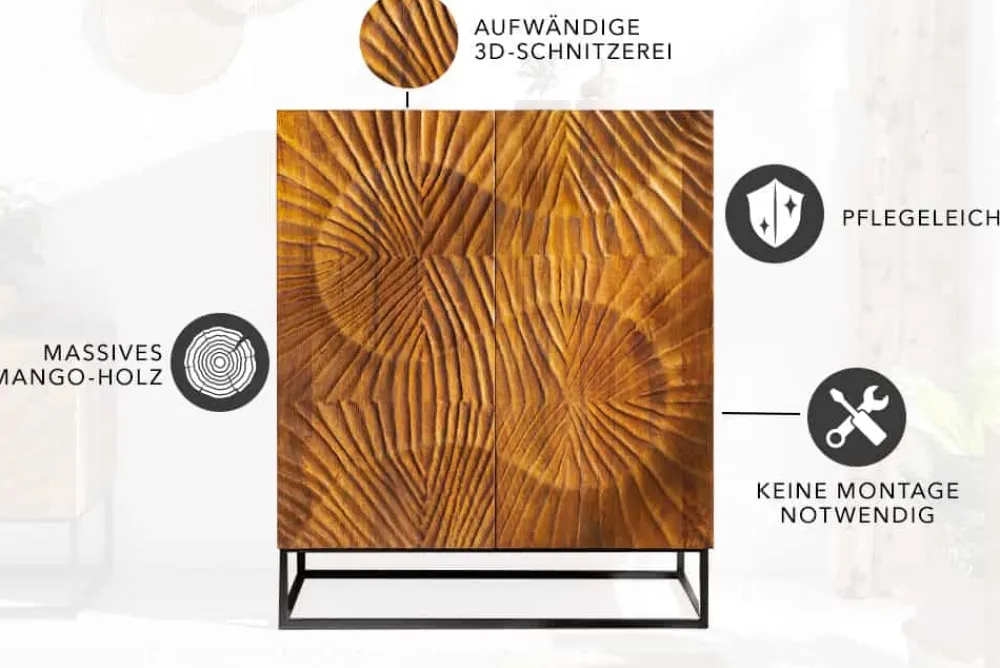 Riess-Ambiente Mehr...|Highboards > Massives Highboard SCORPION 120cm braun Mangoholz aufwendige 3D Schnitzereien
