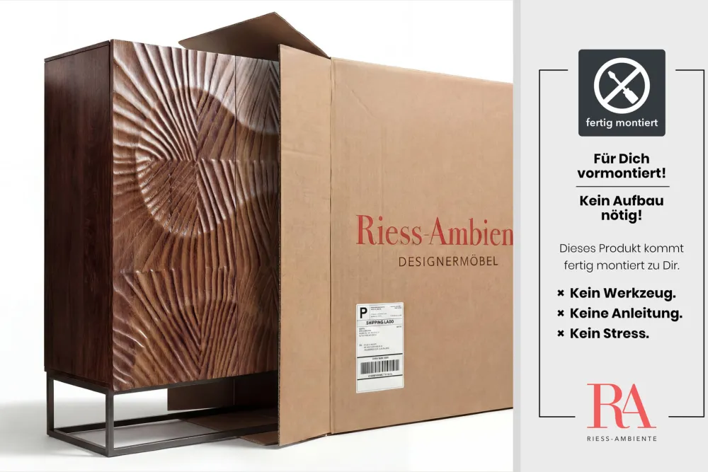 Riess-Ambiente Mehr...|Massivholzschränke > Massives Highboard SCORPION 120cm dunkelbraun Akazie mit 3D Schnitzereien schwarz Metall