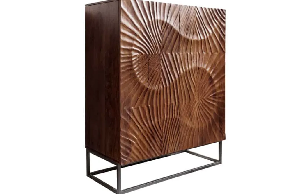 Riess-Ambiente Mehr...|Massivholzschränke > Massives Highboard SCORPION 120cm dunkelbraun Akazie mit 3D Schnitzereien schwarz Metall