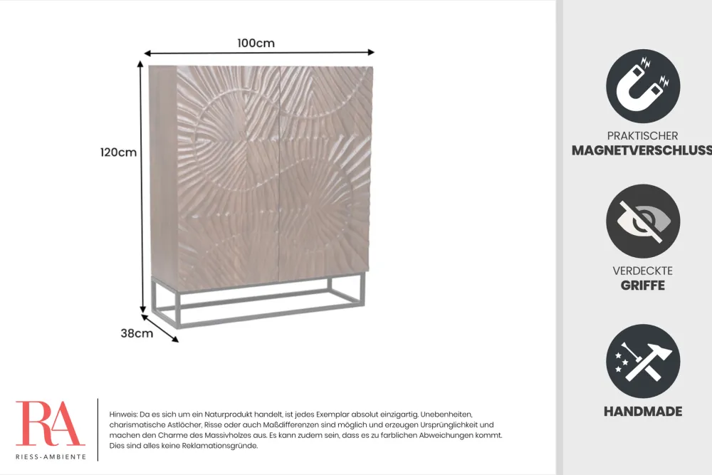 Riess-Ambiente Mehr...|Massivholzschränke > Massives Highboard SCORPION 120cm dunkelbraun Akazie mit 3D Schnitzereien schwarz Metall