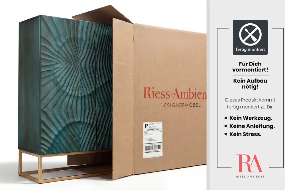 Riess-Ambiente Mehr...|Massivholzschränke > Massives Highboard SCORPION 120cm türkis Mangoholz mit 3D Schnitzereien gold Metall