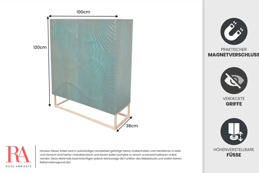 Riess-Ambiente Mehr...|Massivholzschränke > Massives Highboard SCORPION 120cm türkis Mangoholz mit 3D Schnitzereien gold Metall