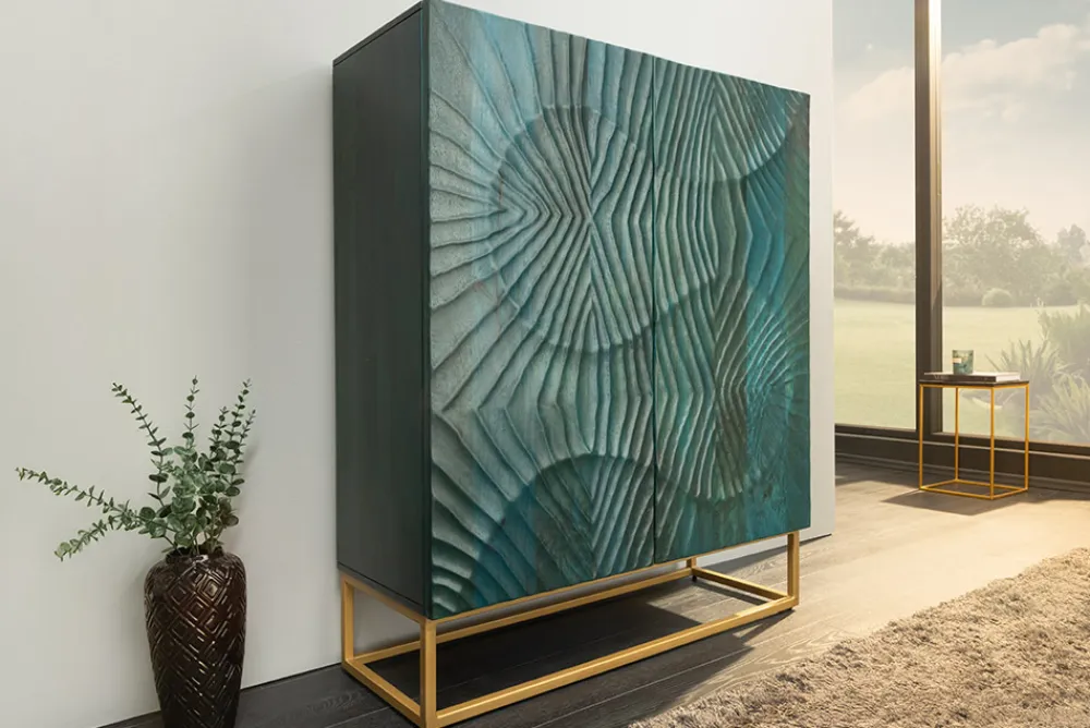 Riess-Ambiente Mehr...|Massivholzschränke > Massives Highboard SCORPION 120cm türkis Mangoholz mit 3D Schnitzereien gold Metall