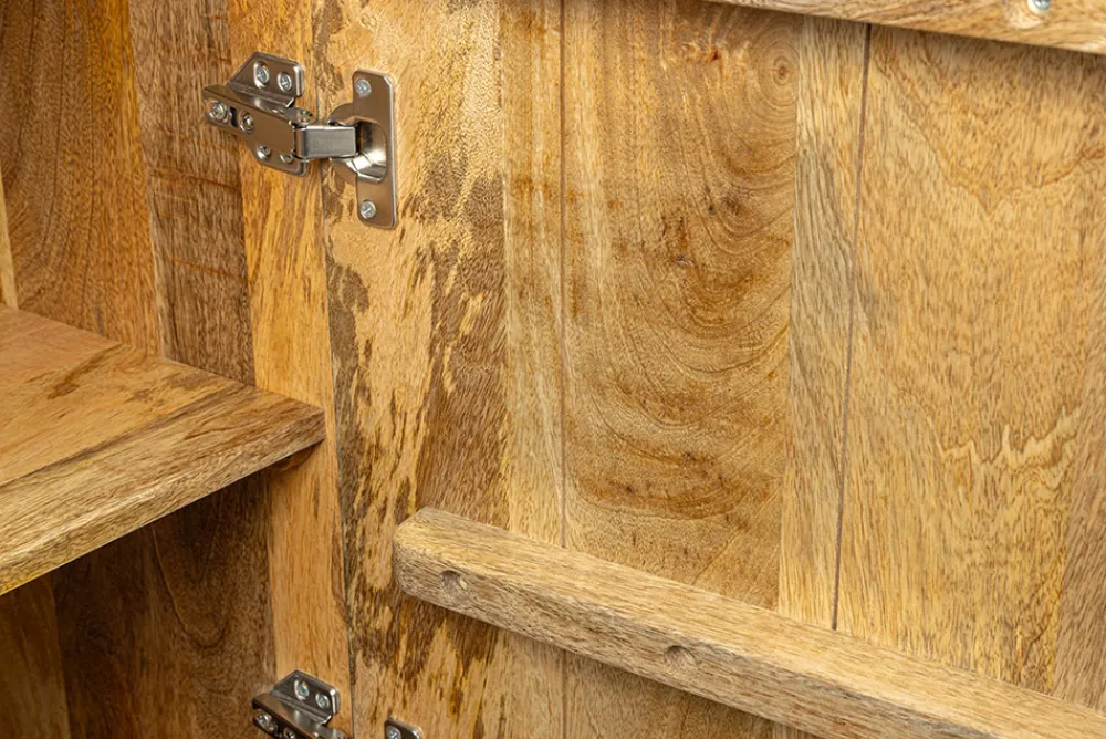 Riess-Ambiente Mehr...|Massivholzschränke > Massives Highboard SCORPION 120cm türkis Mangoholz mit 3D Schnitzereien gold Metall