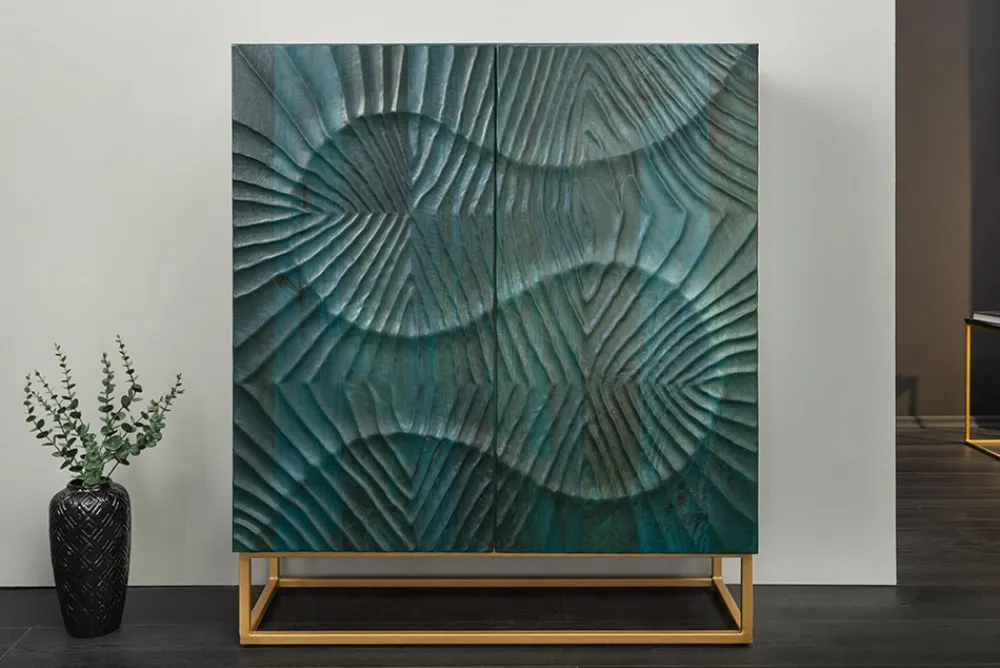 Riess-Ambiente Mehr...|Massivholzschränke > Massives Highboard SCORPION 120cm türkis Mangoholz mit 3D Schnitzereien gold Metall