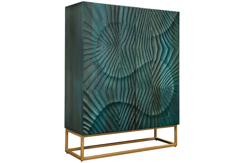 Riess-Ambiente Mehr...|Massivholzschränke > Massives Highboard SCORPION 120cm türkis Mangoholz mit 3D Schnitzereien gold Metall