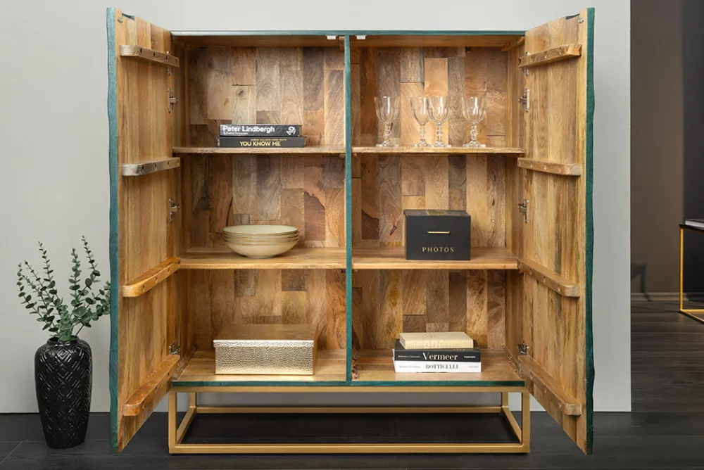 Riess-Ambiente Mehr...|Massivholzschränke > Massives Highboard SCORPION 120cm türkis Mangoholz mit 3D Schnitzereien gold Metall