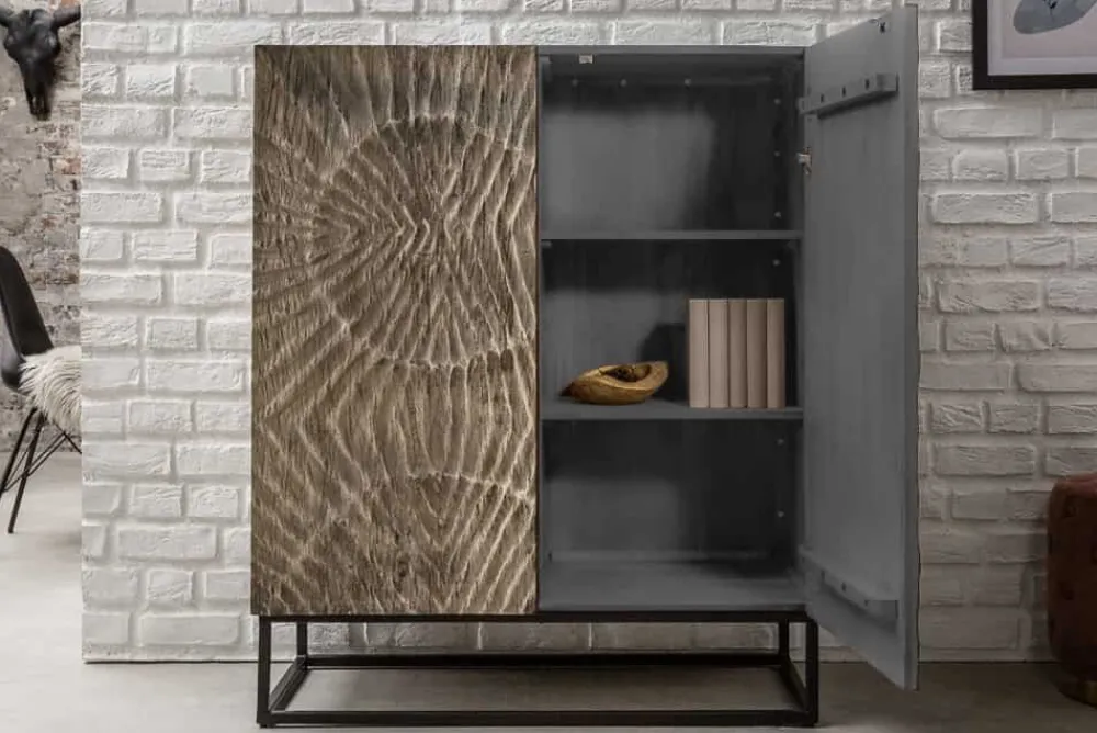 Riess-Ambiente Highboards|Industrial Loft > Massives Highboard SCORPION 120cm grau Akazie aufwendige 3D Schnitzereien