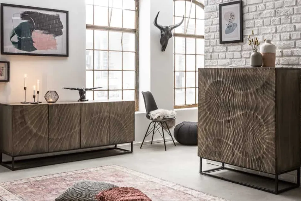 Riess-Ambiente Highboards|Industrial Loft > Massives Highboard SCORPION 120cm grau Akazie aufwendige 3D Schnitzereien