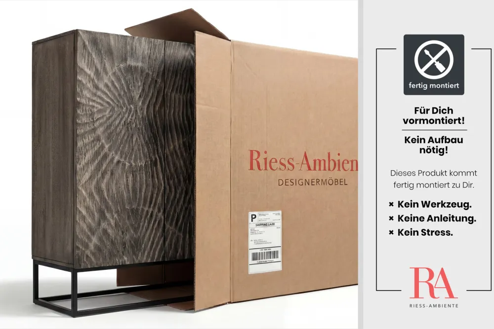 Riess-Ambiente Highboards|Industrial Loft > Massives Highboard SCORPION 120cm grau Akazie aufwendige 3D Schnitzereien