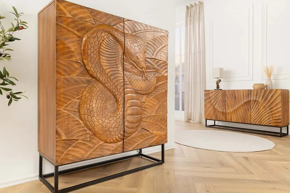 Riess-Ambiente Mehr...|Massivholzschränke > Massives Highboard SNAKE 120cm braun schwarz Mangoholz Schlangen-Design mit aufwendigen 3D Schnitzereien
