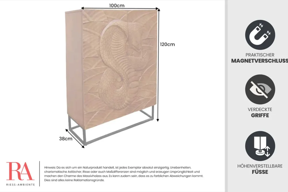 Riess-Ambiente Mehr...|Massivholzschränke > Massives Highboard SNAKE 120cm braun schwarz Mangoholz Schlangen-Design mit aufwendigen 3D Schnitzereien