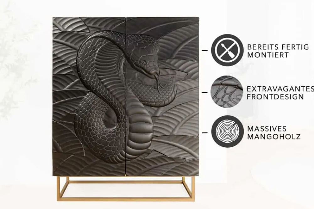 Riess-Ambiente Mehr...|Massivholzschränke > Massives Highboard SNAKE 120cm schwarz gold Mangoholz Schlangen-Design mit aufwendigen 3D Schnitzereien