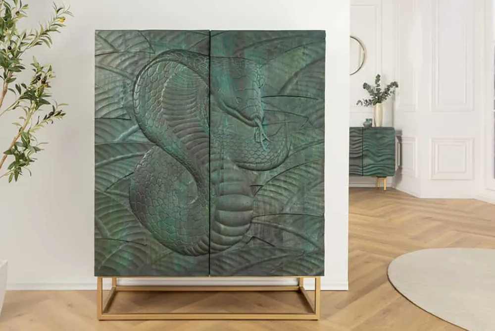 Riess-Ambiente Mehr...|Massivholzschränke > Massives Highboard SNAKE 120cm türkis gold Mangoholz Schlangen-Design mit aufwendigen 3D Schnitzereien