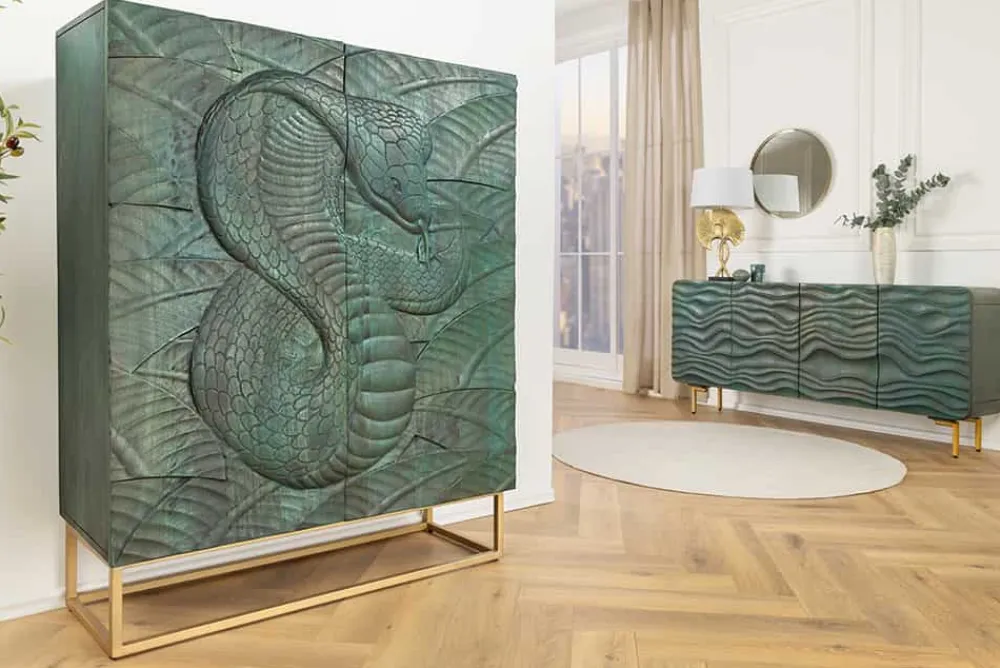 Riess-Ambiente Mehr...|Massivholzschränke > Massives Highboard SNAKE 120cm türkis gold Mangoholz Schlangen-Design mit aufwendigen 3D Schnitzereien